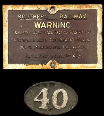 Lot 332 - A Southern Railway sign, 'Warning is hereby...