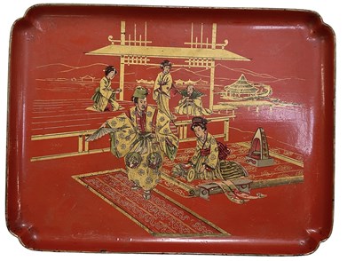 Lot 1209 - A Japanese red lacquer tray depicting a lady...