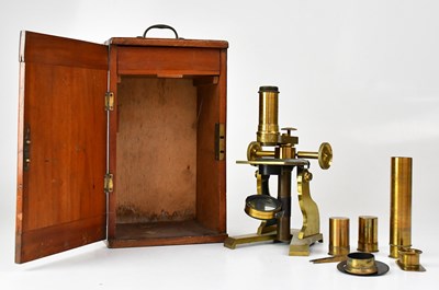 Lot 144 - An unnamed brass microscope, in case with...