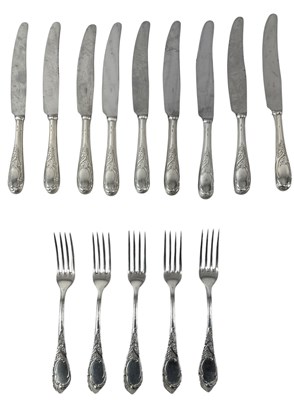 Lot 1270 - A set of six Russian 875 grade table forks and...