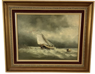 Lot 246 - H MILLS; oil on canvas, shipping scene, a boat...