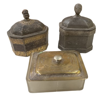 Lot 335 - A bronzed white metal lidded pot with...