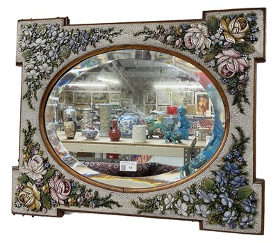 Lot 12 - A micromosaic floral decorated bevelled glass...