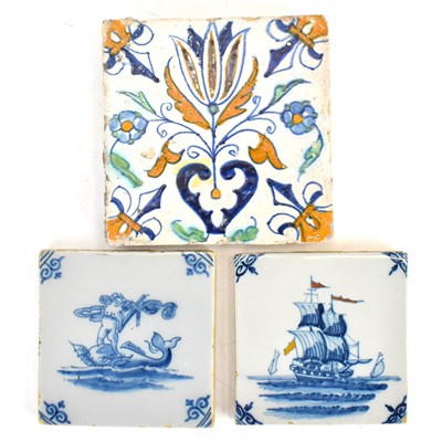 Lot 243 - Three 18th century tin glazed tiles comprising...