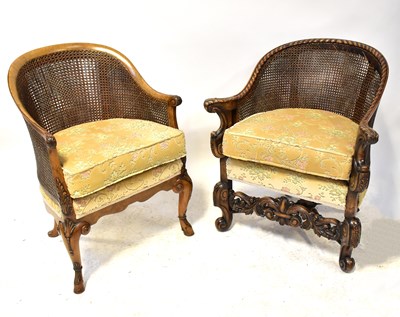 Lot 67 - Two double cane walnut armchairs with curved...
