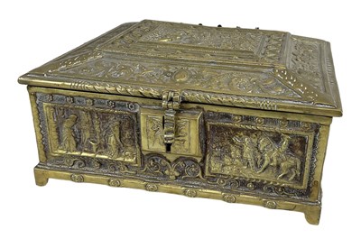 Lot 471 - A late 19th century brass casket with figural...