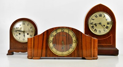 Lot 1345 - An Edwardian inlaid mahogany lancet top mantel...