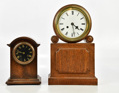 Lot 1348 - A late 19th century oak cased mantel clock,...