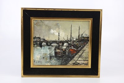 Lot 1653 - M GIRARD; oil on canvas, harbour scene, signed...