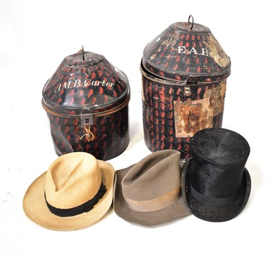 Lot 321 - Two similar black painted hat boxes, one...