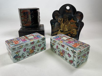 Lot 345 - A Canton Famille Rose pair of boxes 20 x 9 x 9....