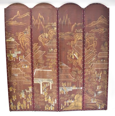 Lot 21 - An Oriental-style four-panel screen decorated...
