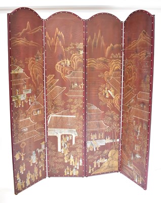 Lot 21 - An Oriental-style four-panel screen decorated...