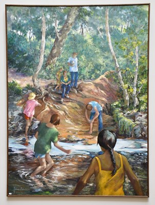 Lot 421 - JUNE BEVAN; oil on board, 'Children Paddling...