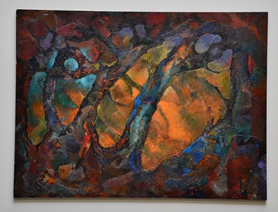 Lot 426 - JUNE BEVAN; oil on board, 'Wood on Fire', 76 x...