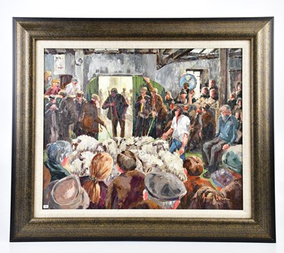 Lot 355 - JUNE BEVAN; oil on board, 'Sheep Auction',...