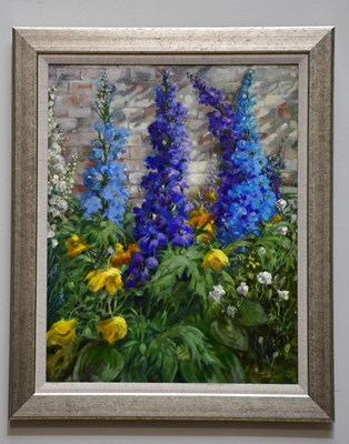 Lot 375 - JUNE BEVAN; oil on canvas, 'Delphiniums in my...