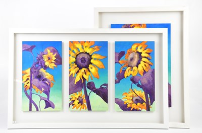 Lot 391 - JUNE BEVAN; oil on board, 'Triple Sunflowers',...