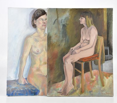 Lot 394 - JUNE BEVAN; two oils on canvas, each of female...