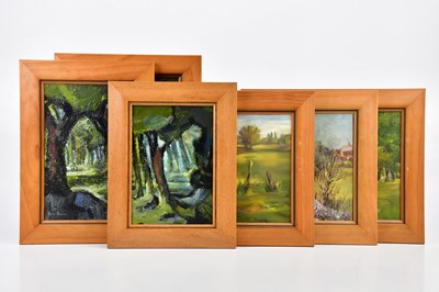 Lot 403 - JUNE BEVAN; a group of six oils on board,...