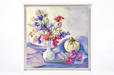 Lot 317 - JUNE BEVAN; oil on board, 'Sweet Peas in White...