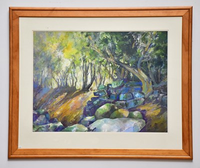 Lot 366 - JUNE BEVAN; acrylic, 'Rocks in Bramhall Park',...