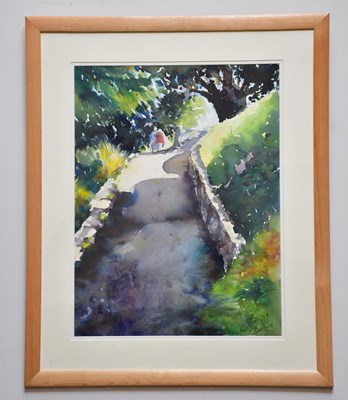 Lot 370 - JUNE BEVAN; watercolour, 'Sunlit Path in...