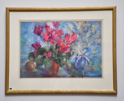 Lot 287 - JUNE BEVAN; pastel, 'Cyclamen and Pampas Grass'...