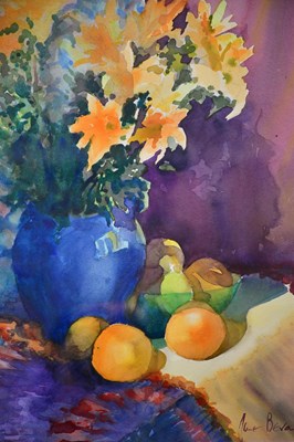 Lot 288 - JUNE BEVAN; watercolour, 'Yellow Lilies, Blue...