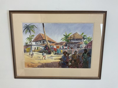 Lot 614 - JUNE BEVAN; watercolour, 'Onlookers, Cochin,...