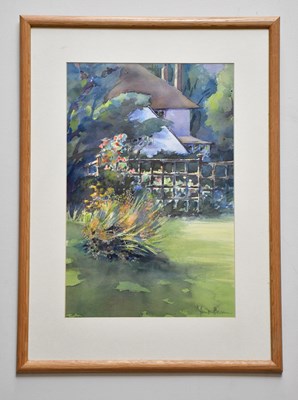 Lot 293 - JUNE BEVAN; watercolour, 'Cat on the Garden...