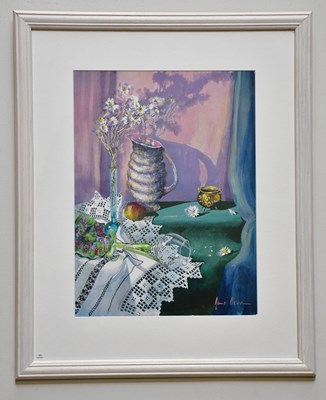 Lot 295 - JUNE BEVAN; watercolour, 'Still Life Crochet...