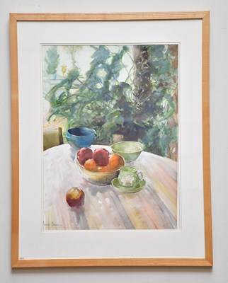 Lot 279 - JUNE BEVAN; watercolour, 'Fruit on the Dining...