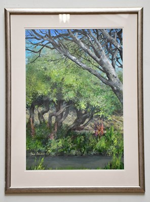 Lot 283 - JUNE BEVAN; mixed media, 'Trees at Styal Mill',...