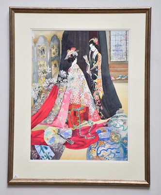 Lot 346 - JUNE BEVAN; watercolour, 'Decorative Japan',...