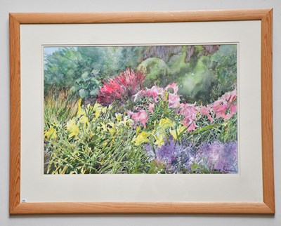 Lot 299 - JUNE BEVAN; watercolour, 'Summer Border Dunham...