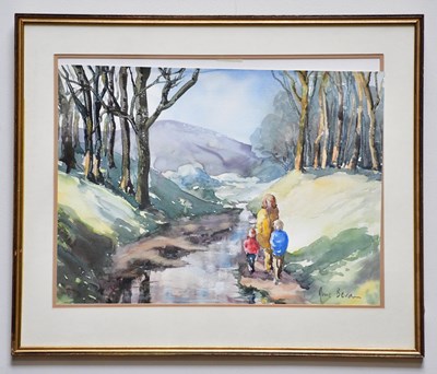 Lot 301 - JUNE BEVAN; watercolour, 'A Walk with Mother',...