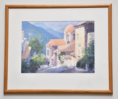 Lot 303 - JUNE BEVAN; watercolour, Church in Delphi,...