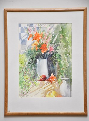 Lot 344 - JUNE BEVAN; watercolour, 'White Jug of Mixed...