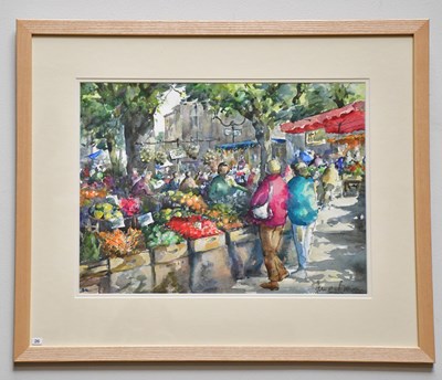 Lot 309 - JUNE BEVAN; watercolour, 'Busy Market,...