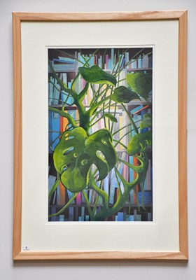 Lot 310 - JUNE BEVAN; acrylic, 'Cheese Plant in Library',...