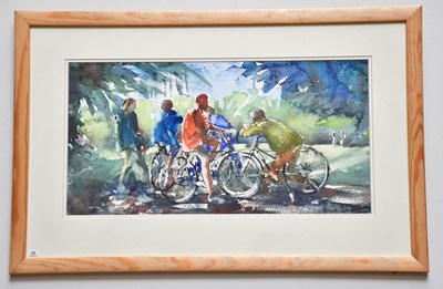 Lot 312 - JUNE BEVAN; watercolour, 'Cyclists in Bramhall...