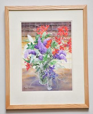 Lot 313 - JUNE BEVAN; watercolour, 'Lilac and Crocosmia',...