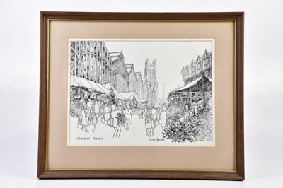 Lot 326 - JUNE BEVAN; ink drawing, 'Stockport Market',...