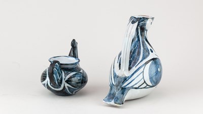 Lot 459 - PAT BIRKS; a tin glazed earthenware jug...