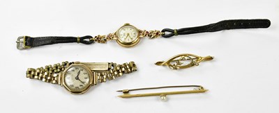 Lot 2508 - A 15ct yellow gold pearl set bar brooch, a...
