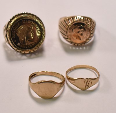 Lot 438 - Four damaged yellow gold rings, two set with...