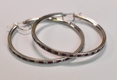 Lot 444 - A pair of large 9ct white gold hoop earrings,...