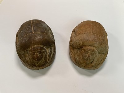 Lot 49 - Two large carved stone scarabs with...