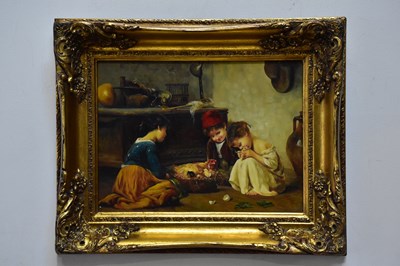 Lot 770 - WTE; oil on board, children and chickens,...